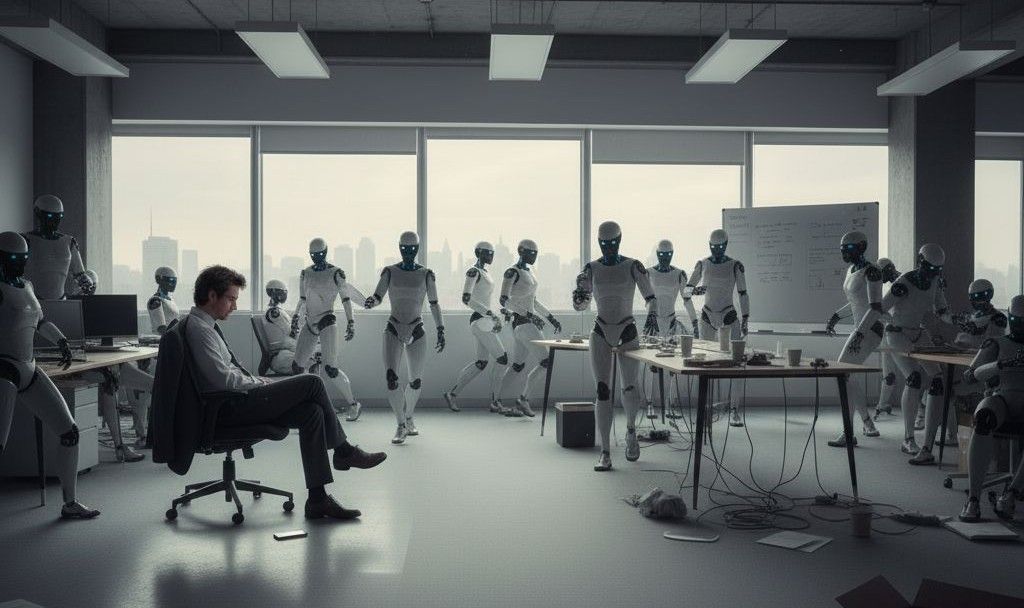 A lone worker surrounded by humanoid robots in a corporate office — the future of white-collar work
