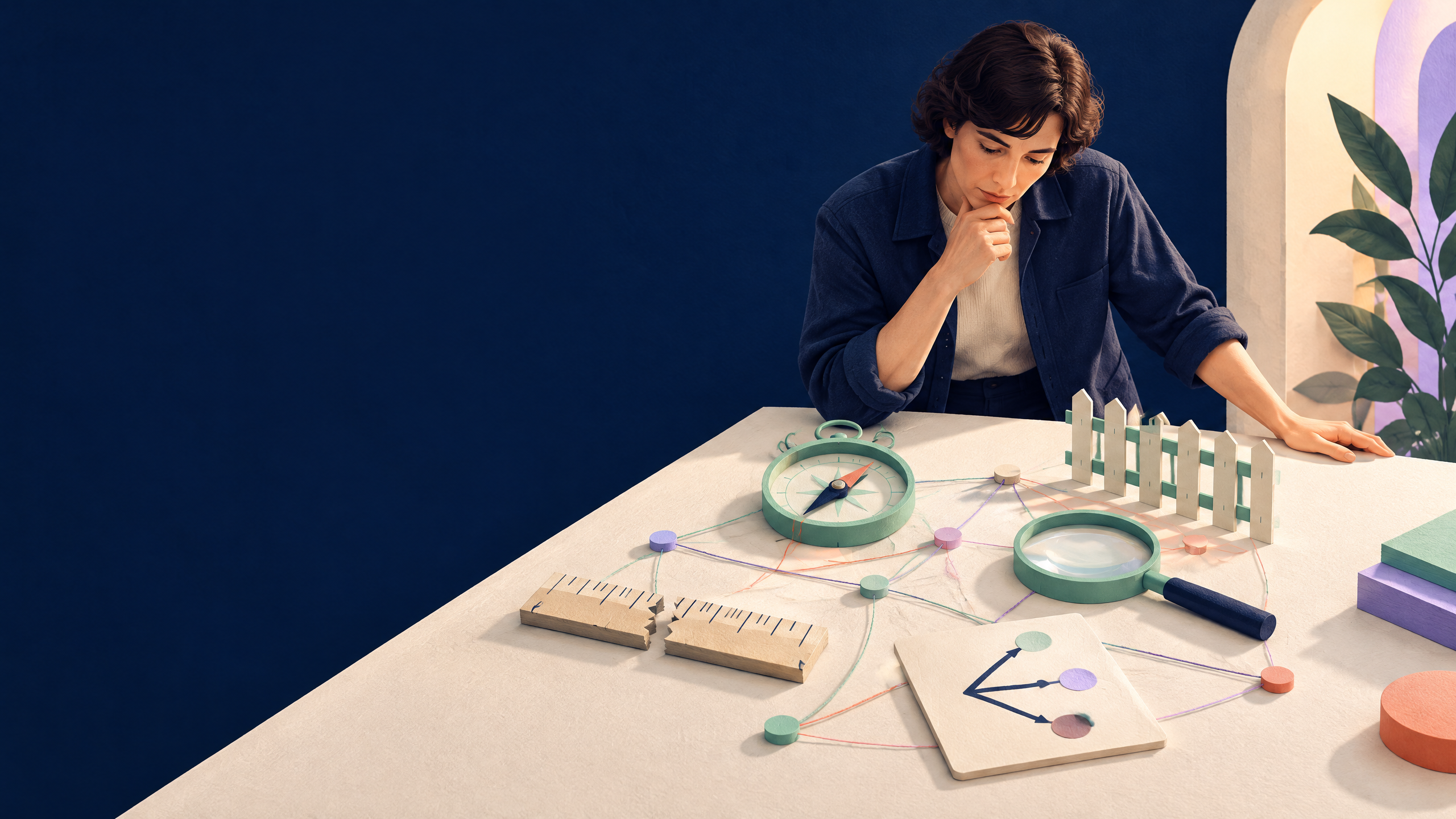 Conceptual editorial illustration of a professional studying a compass, fence, magnifying glass and connected decision tools on a worktable