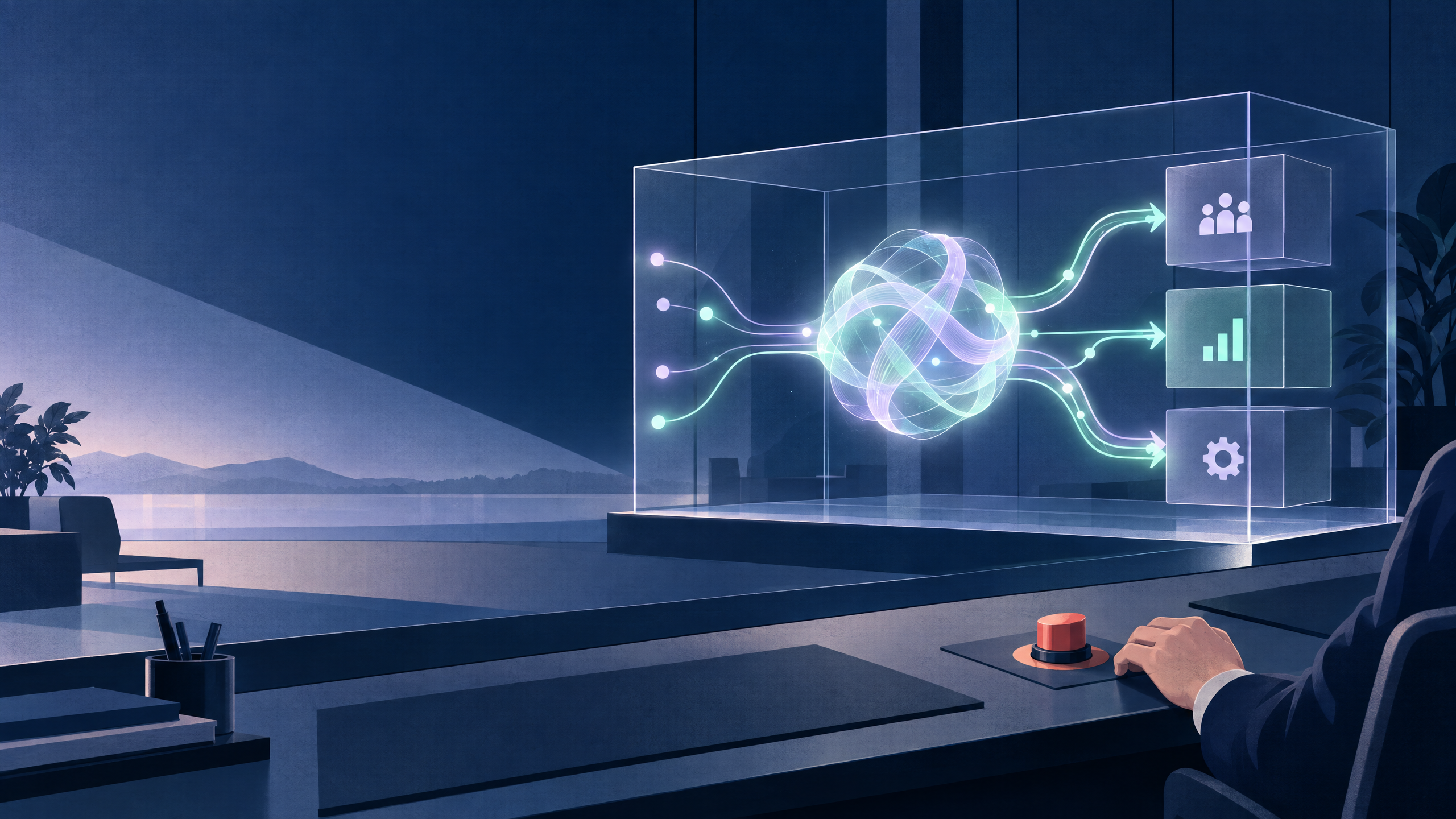 Editorial illustration of a manager beside a physical stop switch while an abstract AI workflow operates inside transparent boundaries.