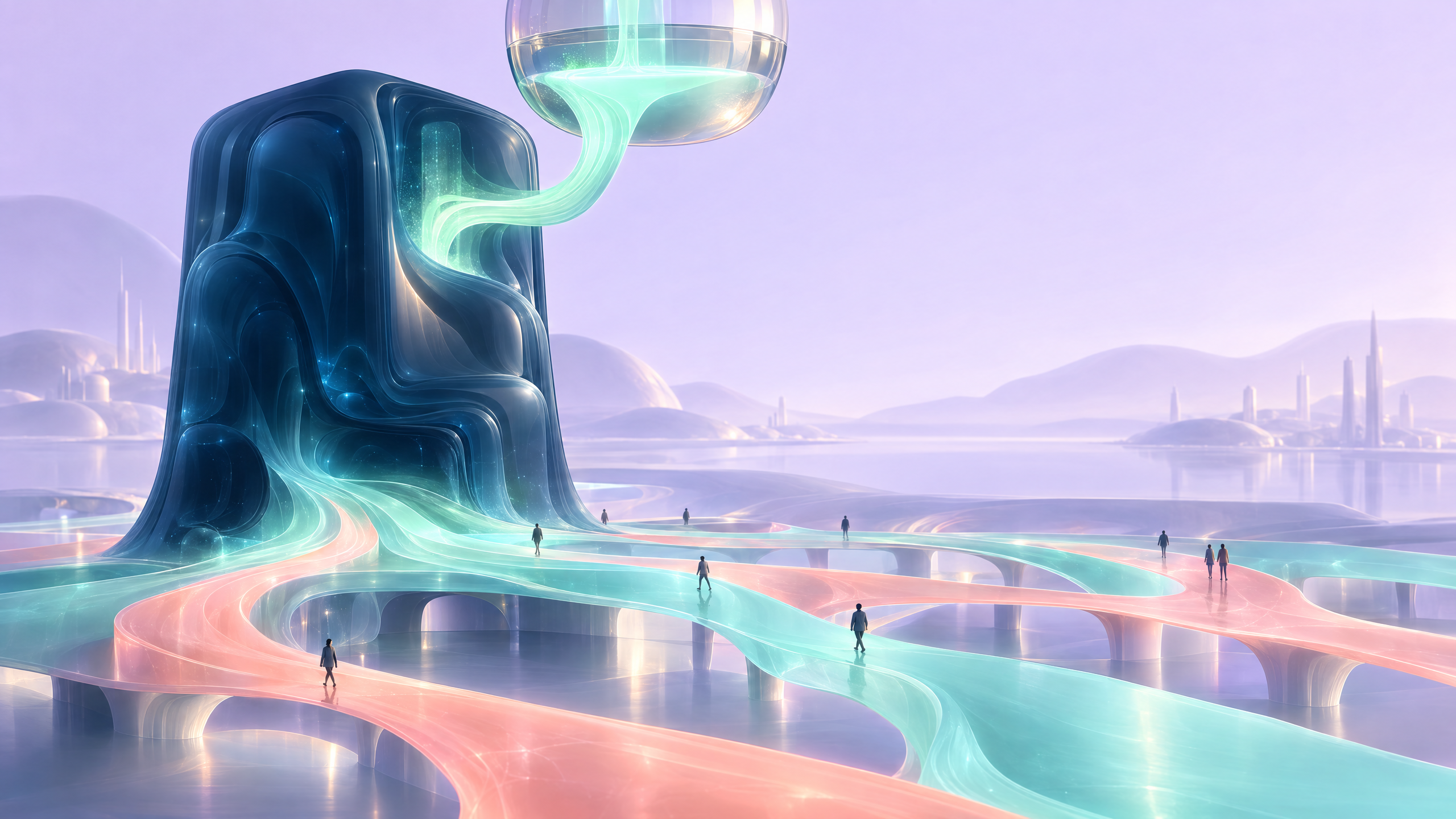 Conceptual editorial illustration of a soft AI production machine directing a luminous flow of productivity between concentrated private ownership and a shared public support network.