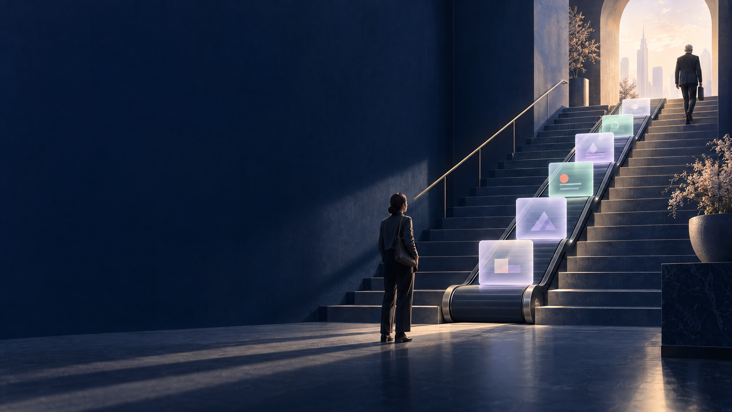 Editorial illustration of a young professional facing a career staircase whose middle steps are replaced by a conveyor of abstract AI workflows.